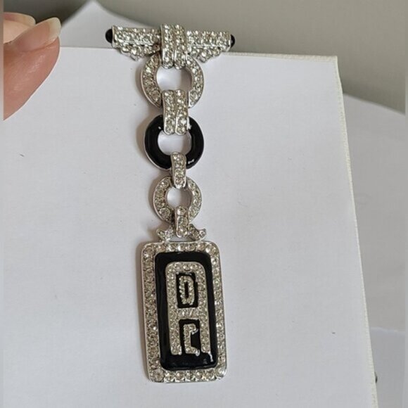 Vintage Art Deco Boho Silver Tone Drop Black Enamel Clear Rhinestone Brooch - Picture 8 of 10